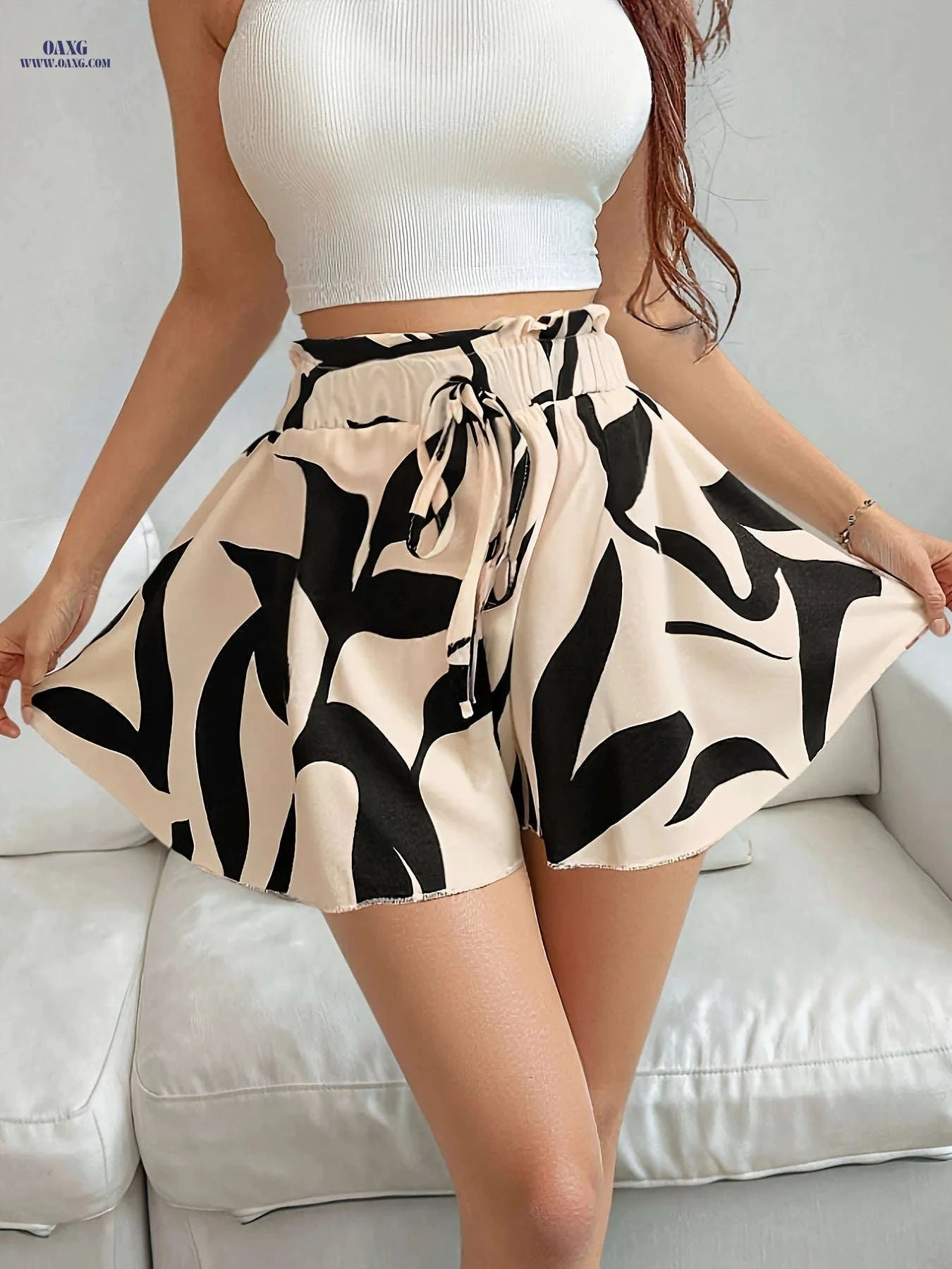 Casual Women's Elastic Waist Shorts - Geometric Pattern, Lace-Up Style   OAXG 