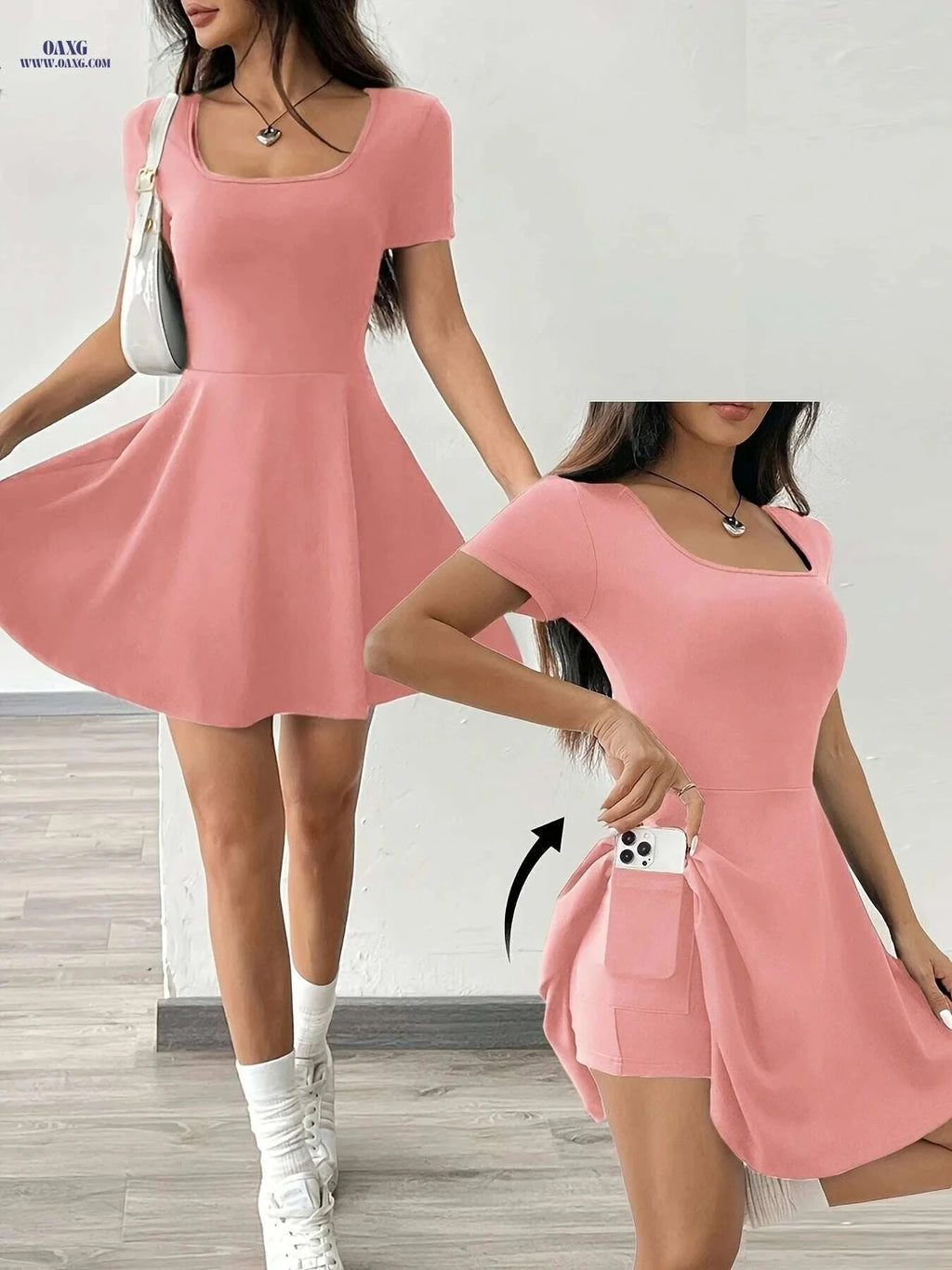 Casual Women's Pink Short Sleeve Dress - Perfect for Summer Style   OAXG 