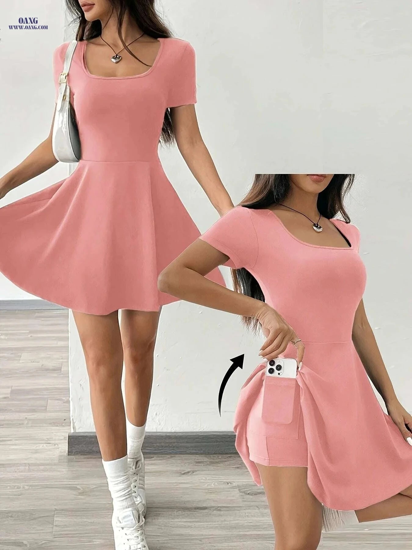 Casual Women's Pink Short Sleeve Dress - Perfect for Summer Style   OAXG 