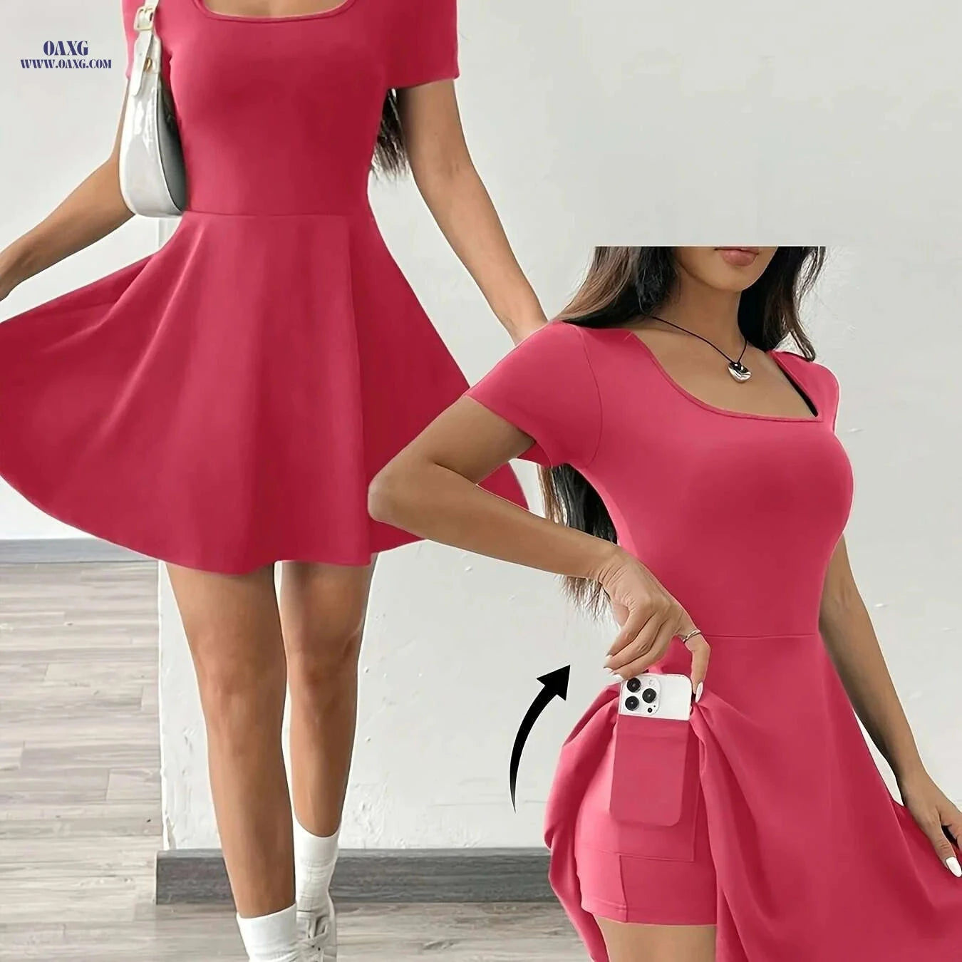 Casual Women's Pink Short Sleeve Dress - Perfect for Summer Style   OAXG 