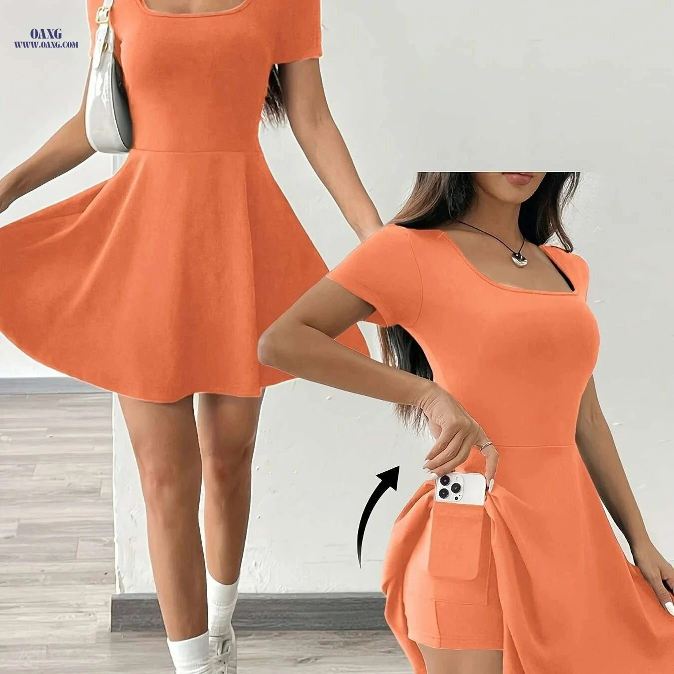Casual Women's Pink Short Sleeve Dress - Perfect for Summer Style   OAXG Coffee color / XS