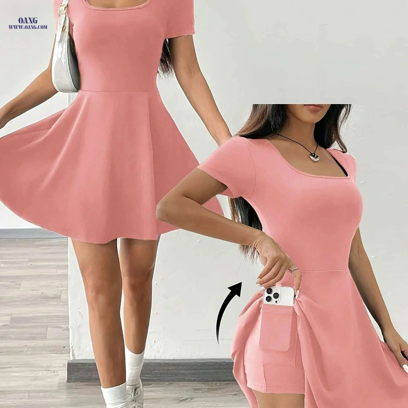 Casual Women's Pink Short Sleeve Dress - Perfect for Summer Style   OAXG Coffee color / XS
