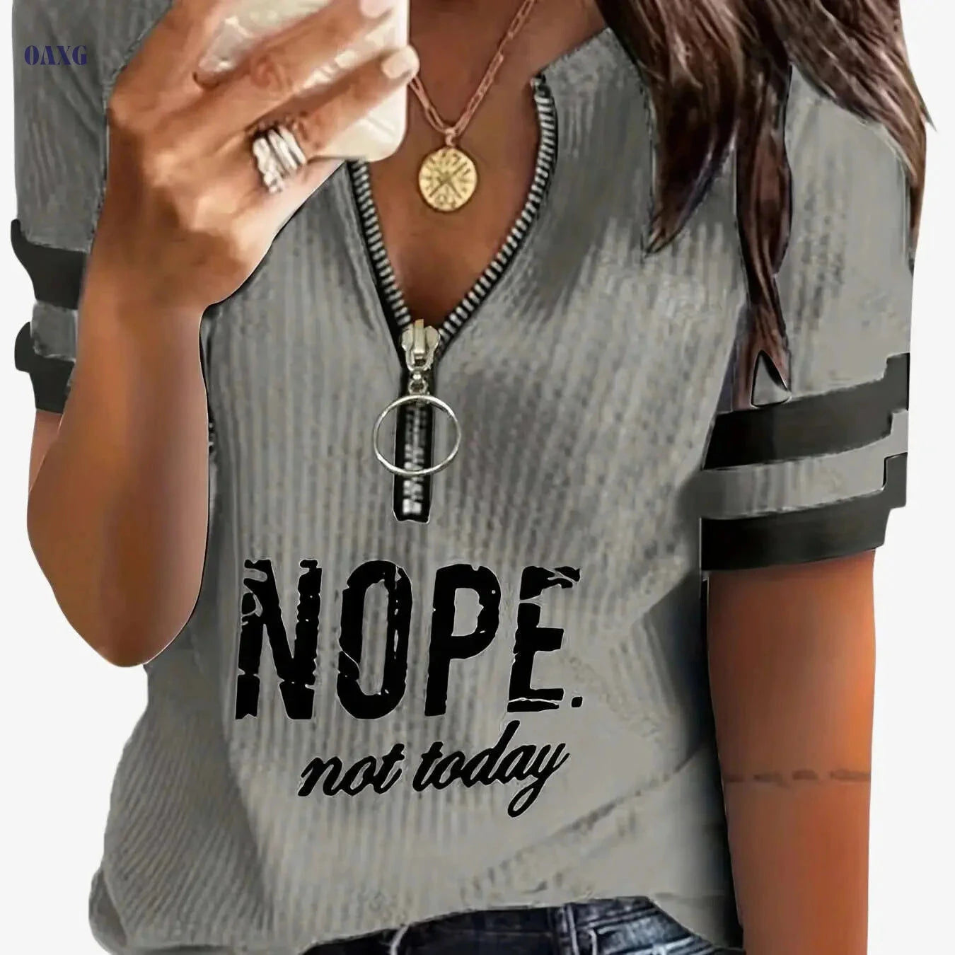 Casual Women’s Stripe & Letter Print Zipper T-Shirt for Summer   OAXG 