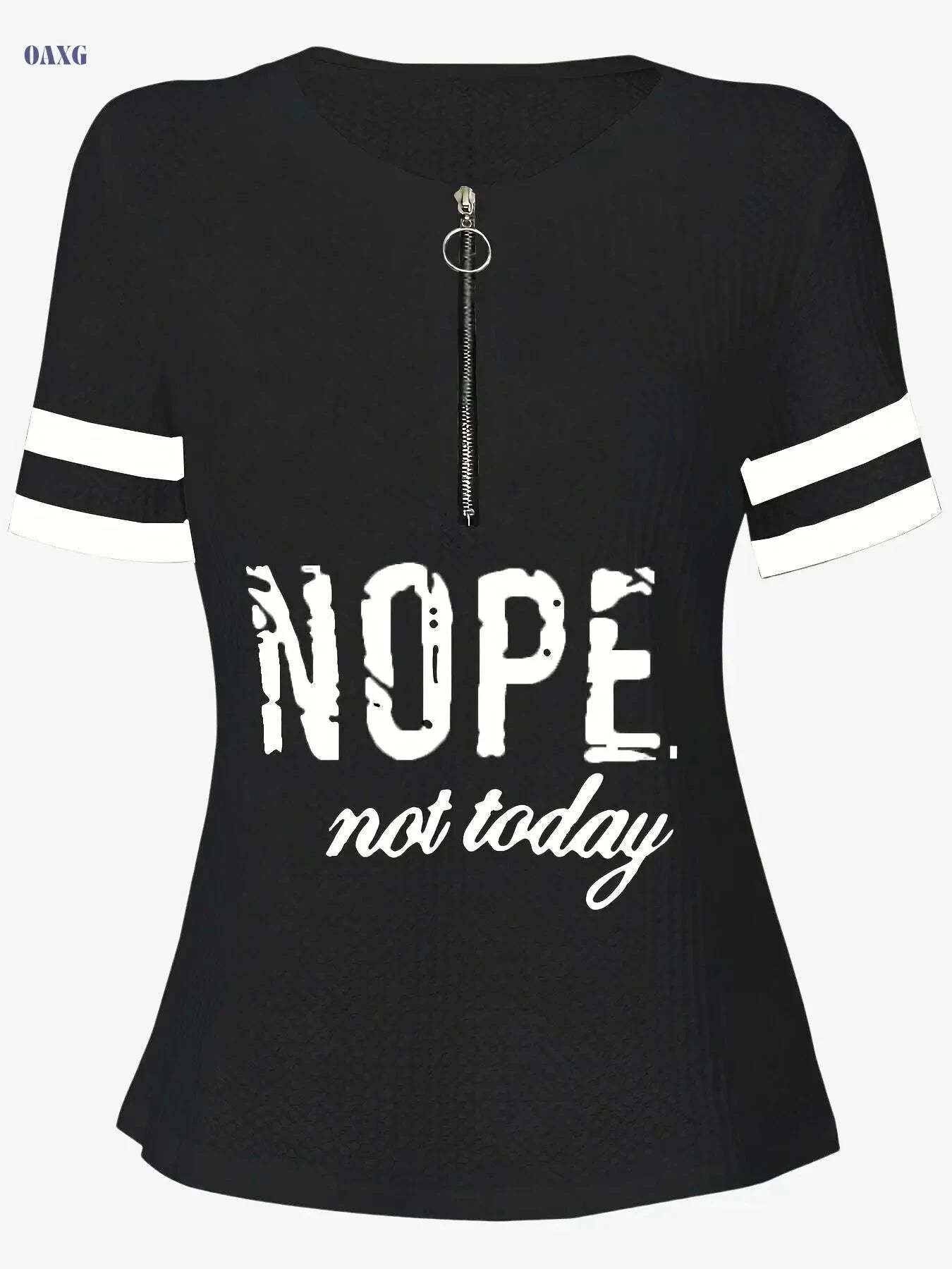 Casual Women’s Stripe & Letter Print Zipper T-Shirt for Summer   OAXG 