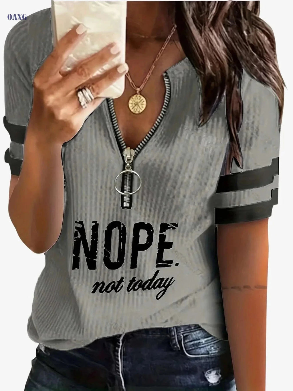 Casual Women’s Stripe & Letter Print Zipper T-Shirt for Summer   OAXG 