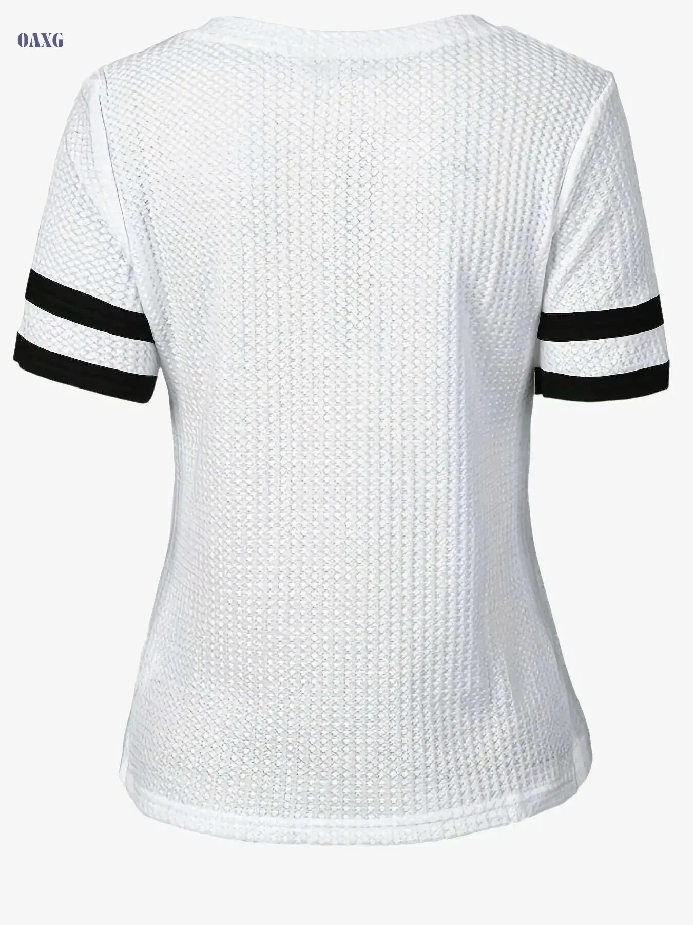 Casual Women’s Stripe & Letter Print Zipper T-Shirt for Summer   OAXG White / S