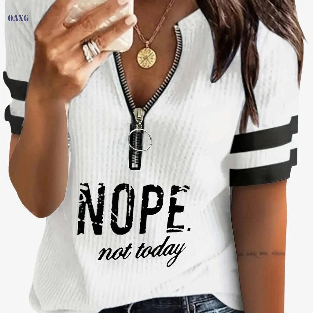 Casual Women’s Stripe & Letter Print Zipper T-Shirt for Summer   OAXG White / S