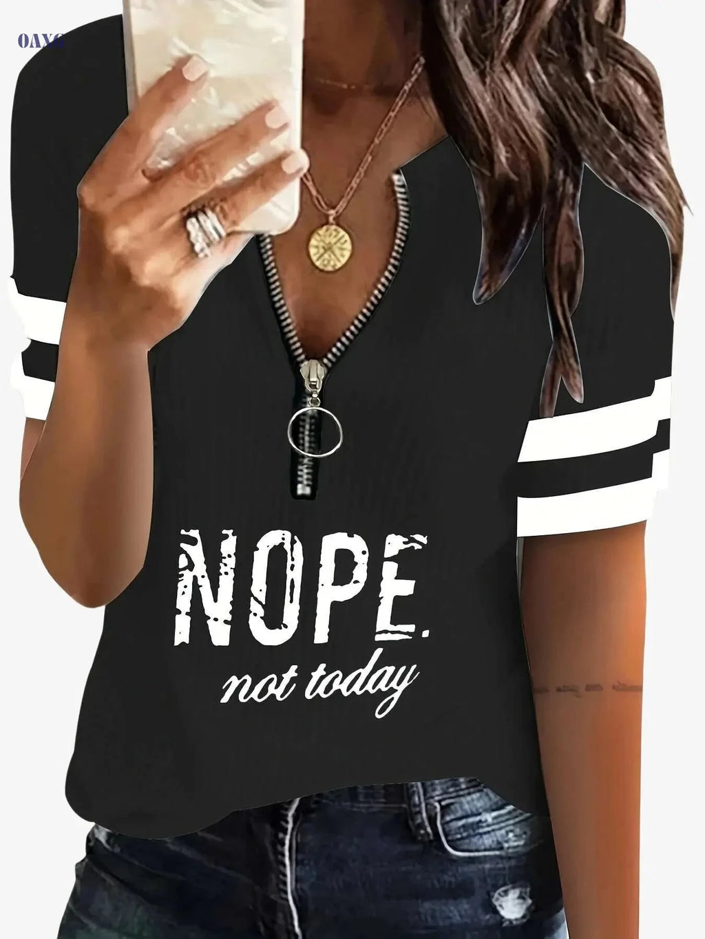 Casual Women’s Stripe & Letter Print Zipper T-Shirt for Summer   OAXG White / S