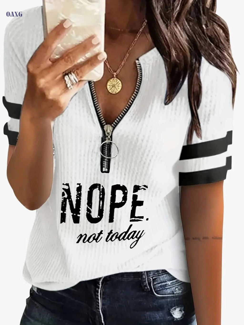 Casual Women’s Stripe & Letter Print Zipper T-Shirt for Summer   OAXG White / S