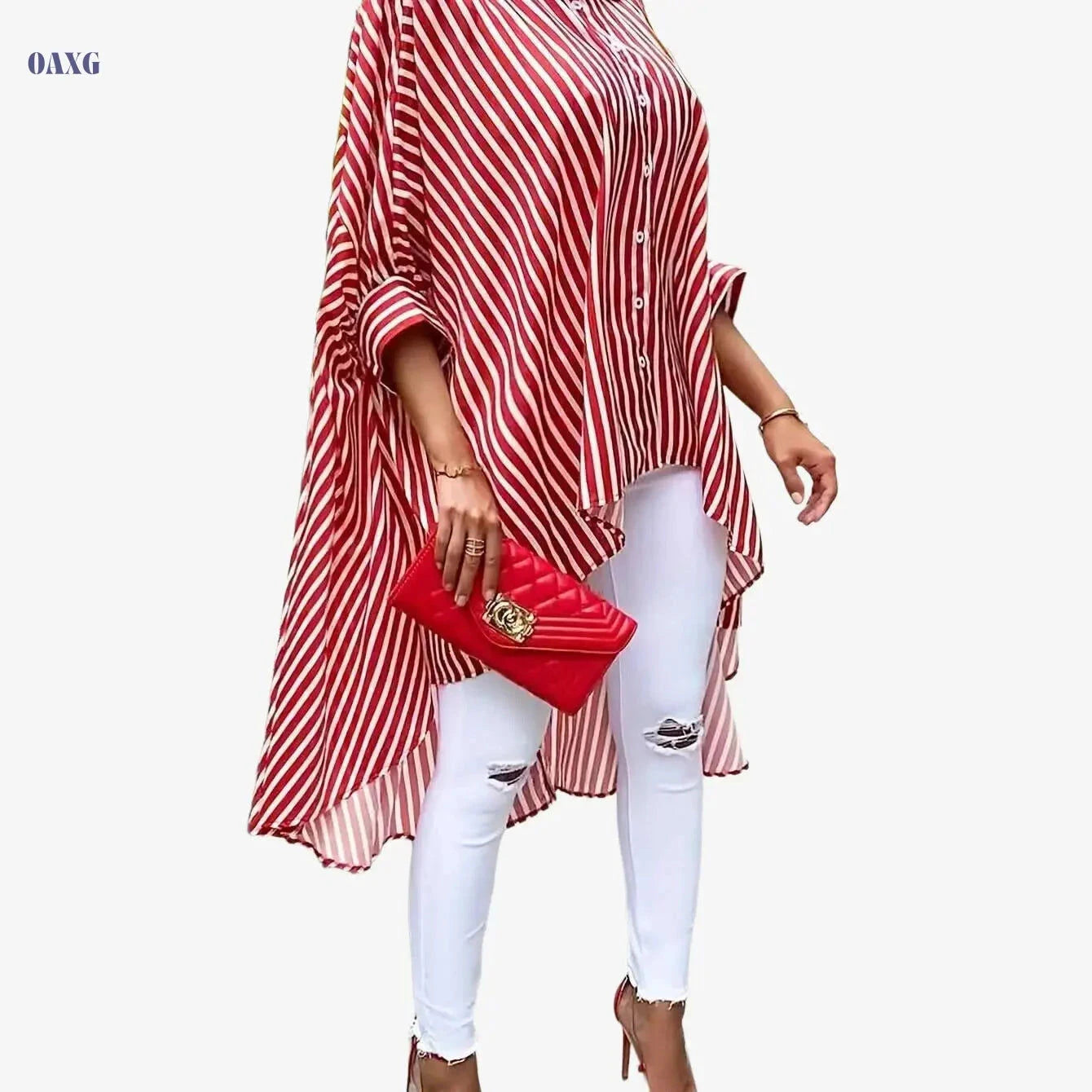 Casual Women's Striped High Low Hem Shirt - Long Sleeve Button Up   OAXG 