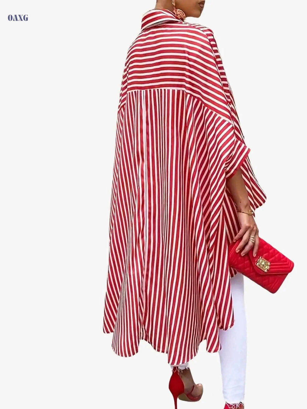 Casual Women's Striped High Low Hem Shirt - Long Sleeve Button Up   OAXG 