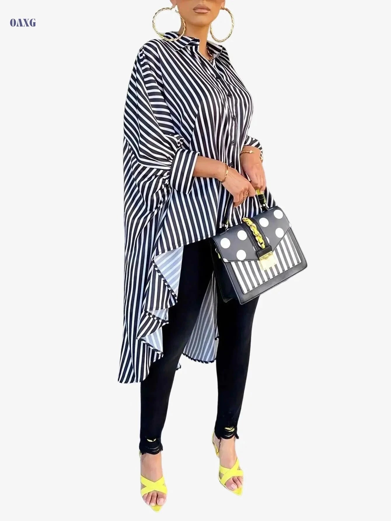 Casual Women's Striped High Low Hem Shirt - Long Sleeve Button Up   OAXG 