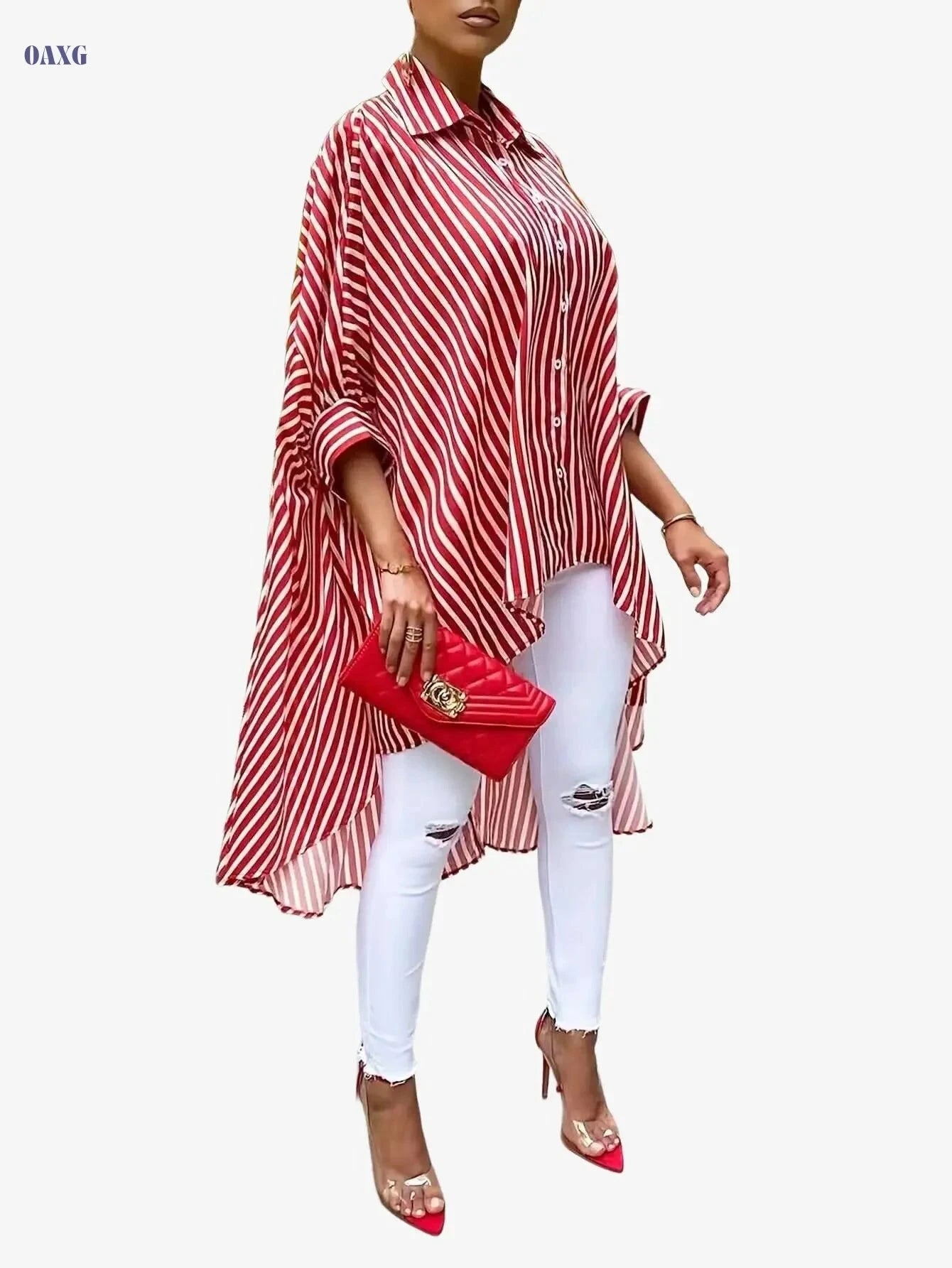 Casual Women's Striped High Low Hem Shirt - Long Sleeve Button Up   OAXG 