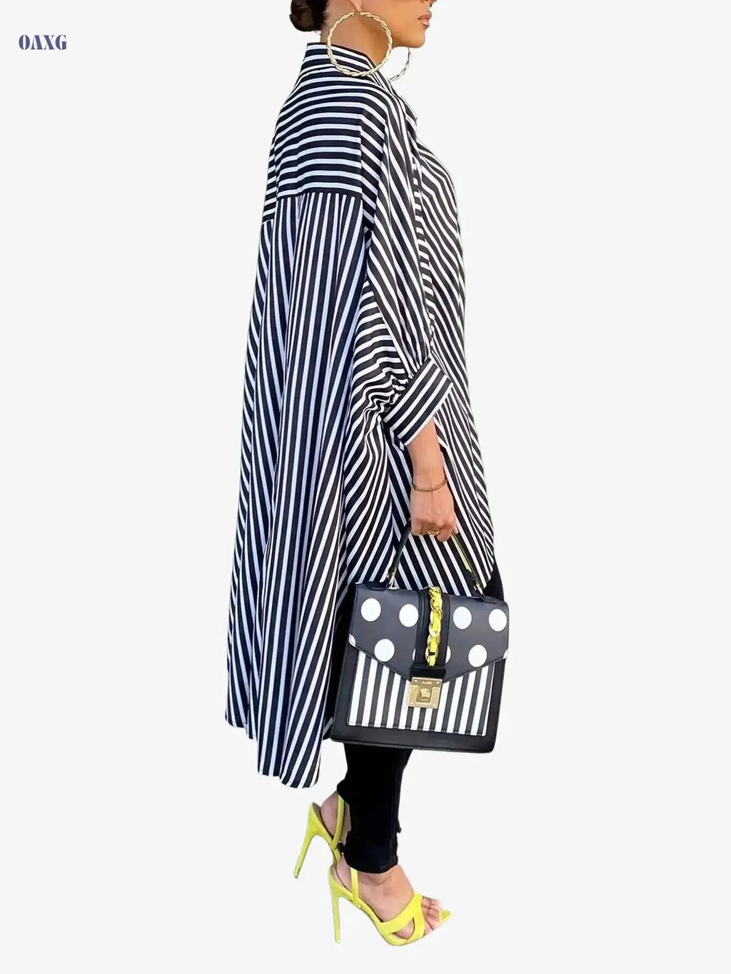 Casual Women's Striped High Low Hem Shirt - Long Sleeve Button Up   OAXG Red And White / S