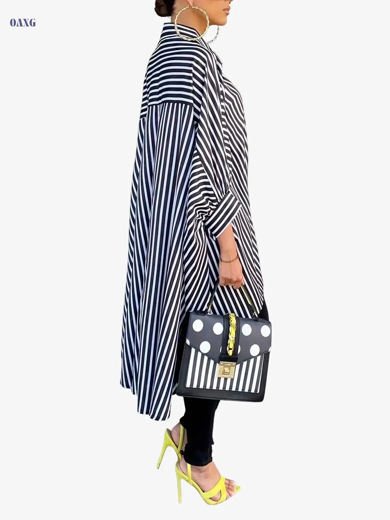 Casual Women's Striped High Low Hem Shirt - Long Sleeve Button Up   OAXG Red And White / S