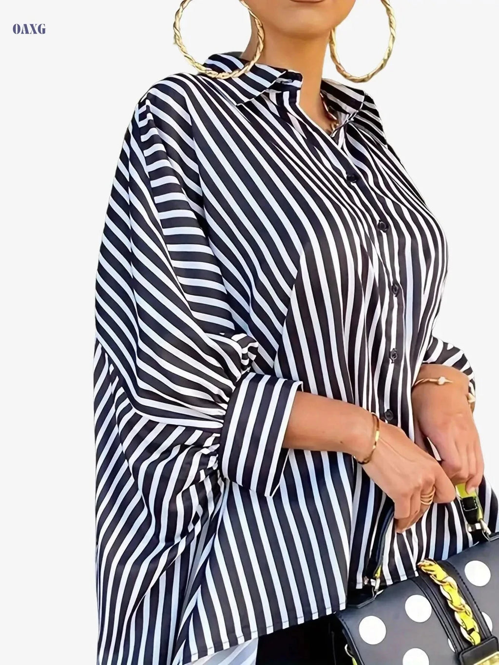 Casual Women's Striped High Low Hem Shirt - Long Sleeve Button Up   OAXG Red And White / S