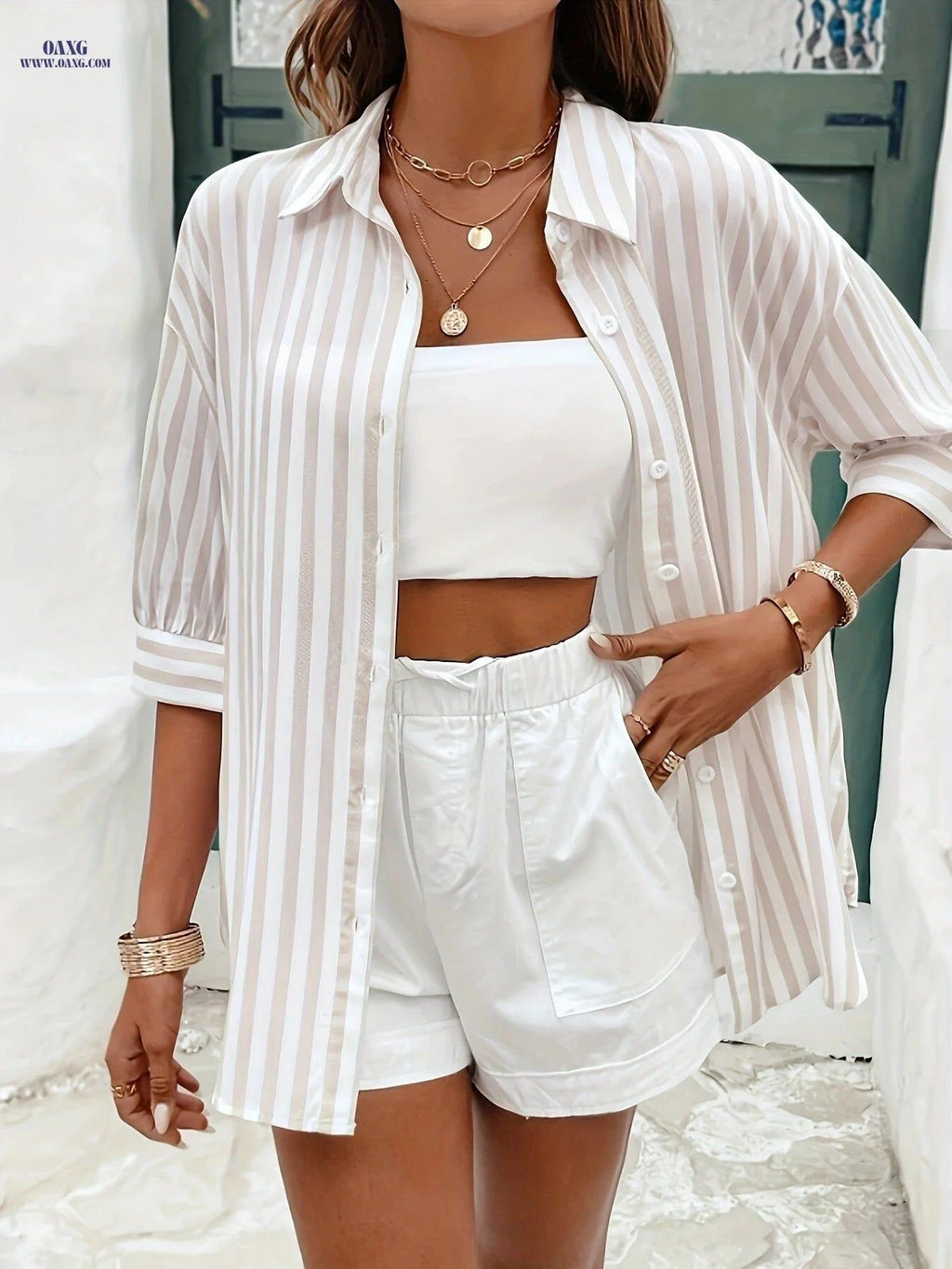 Casual Women's Striped Shirt - Semi-Sheer, Button Placket Design   OAXG Mixed colors / S