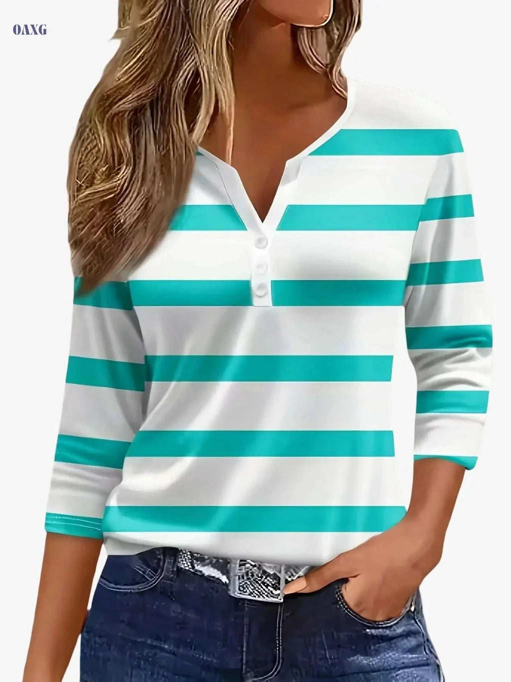 Casual Women's V-Neck T-Shirt - Striped Print, Three Quarter Sleeve   OAXG 
