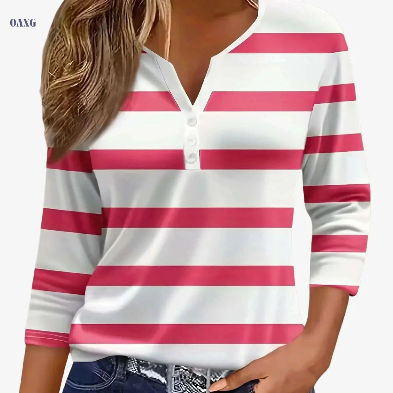 Casual Women's V-Neck T-Shirt - Striped Print, Three Quarter Sleeve   OAXG 