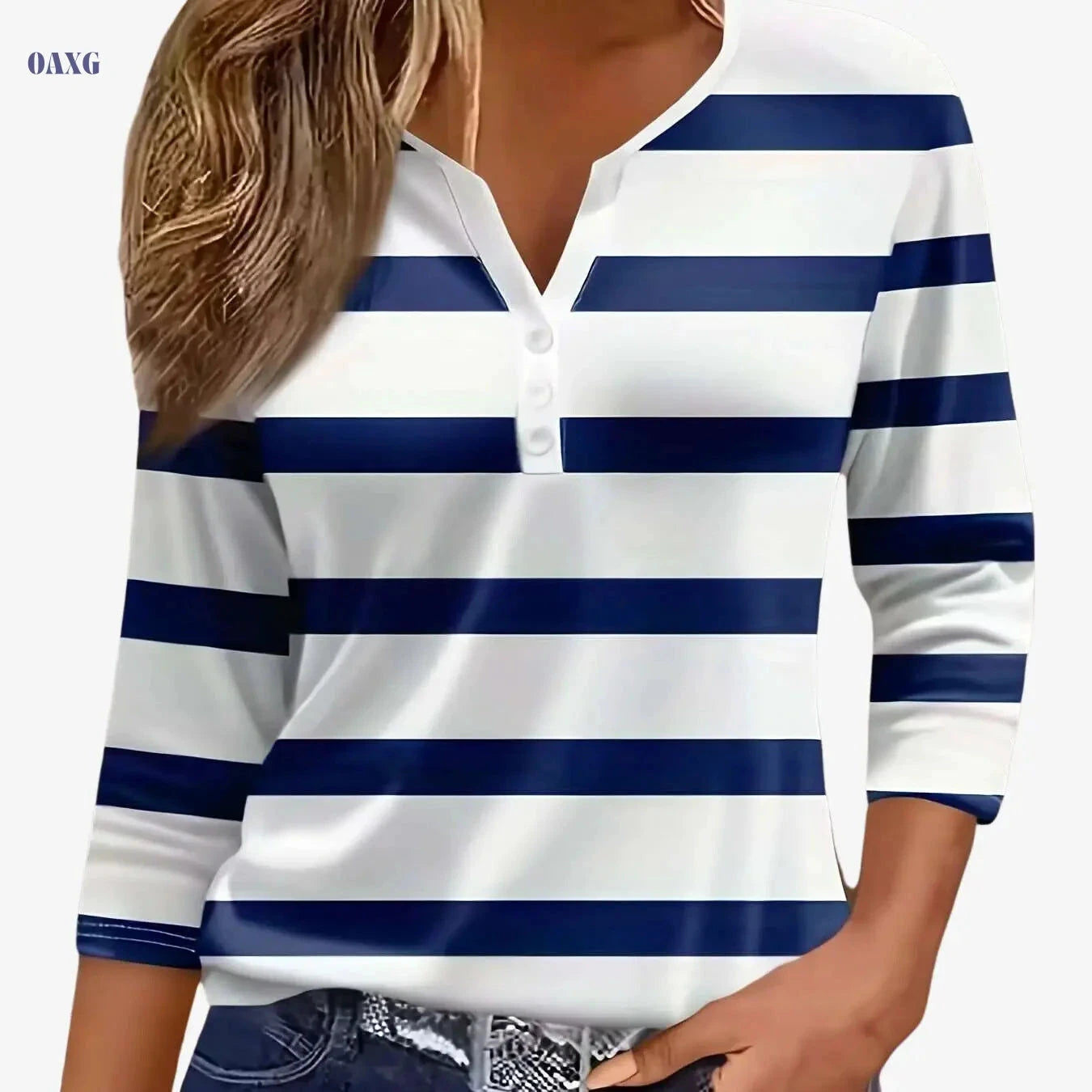 Casual Women's V-Neck T-Shirt - Striped Print, Three Quarter Sleeve   OAXG 
