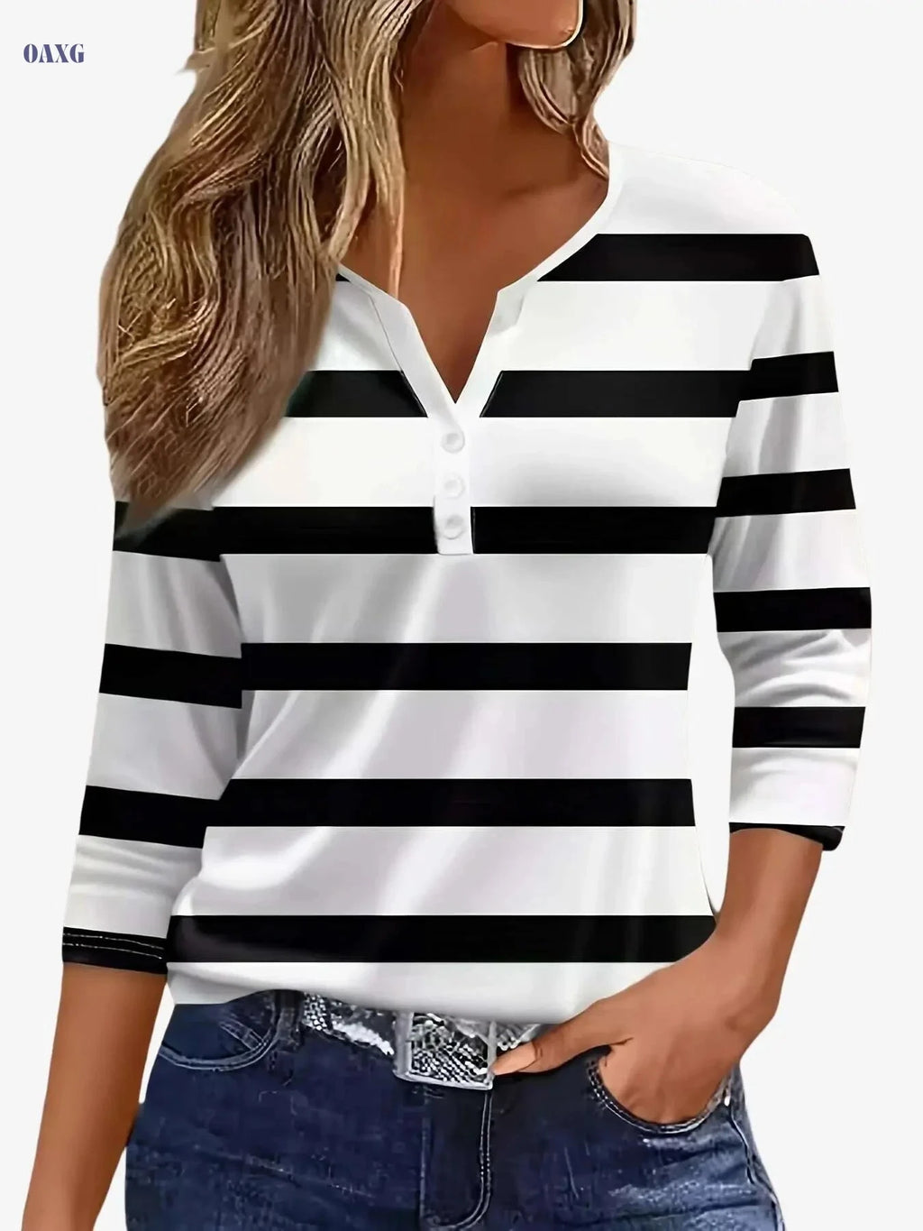 Casual Women's V-Neck T-Shirt - Striped Print, Three Quarter Sleeve   OAXG Red / S