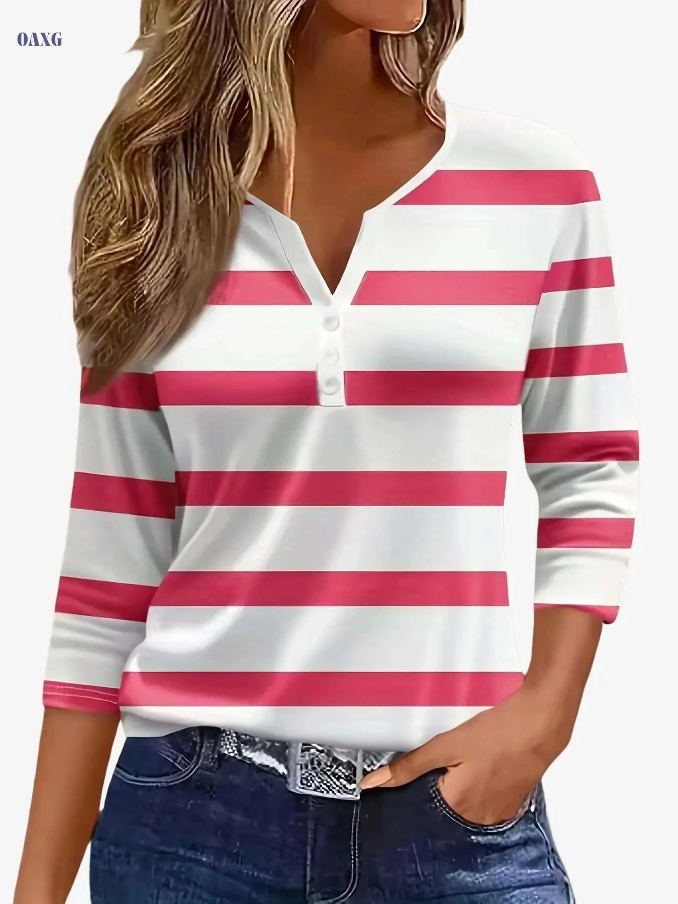 Casual Women's V-Neck T-Shirt - Striped Print, Three Quarter Sleeve   OAXG Red / S