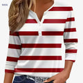 Casual Women's V-Neck T-Shirt - Striped Print, Three Quarter Sleeve   OAXG Red / S