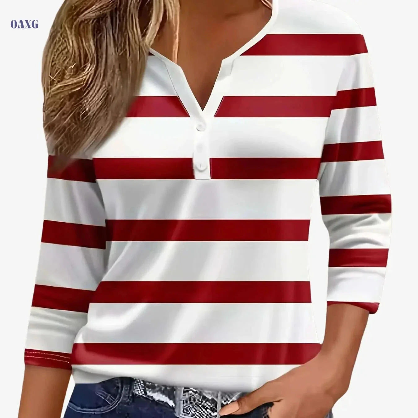 Casual Women's V-Neck T-Shirt - Striped Print, Three Quarter Sleeve   OAXG Red / S