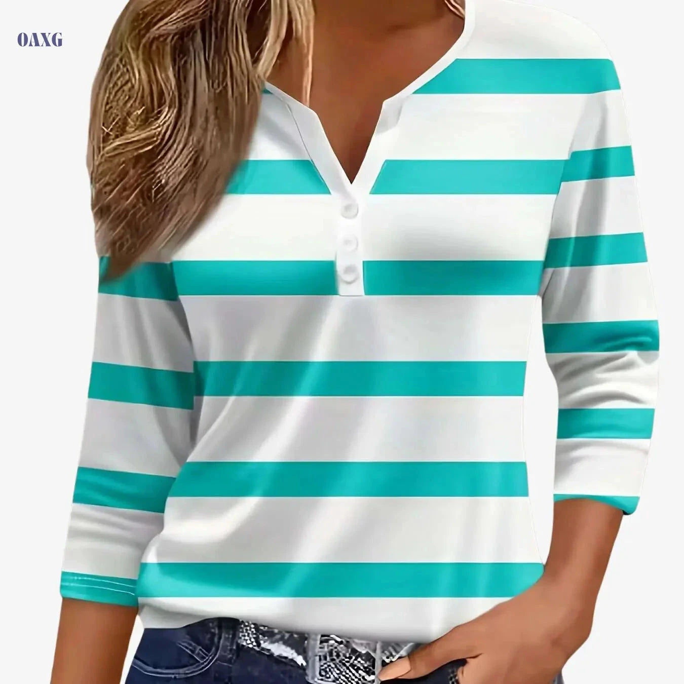 Casual Women's V-Neck T-Shirt - Striped Print, Three Quarter Sleeve   OAXG 