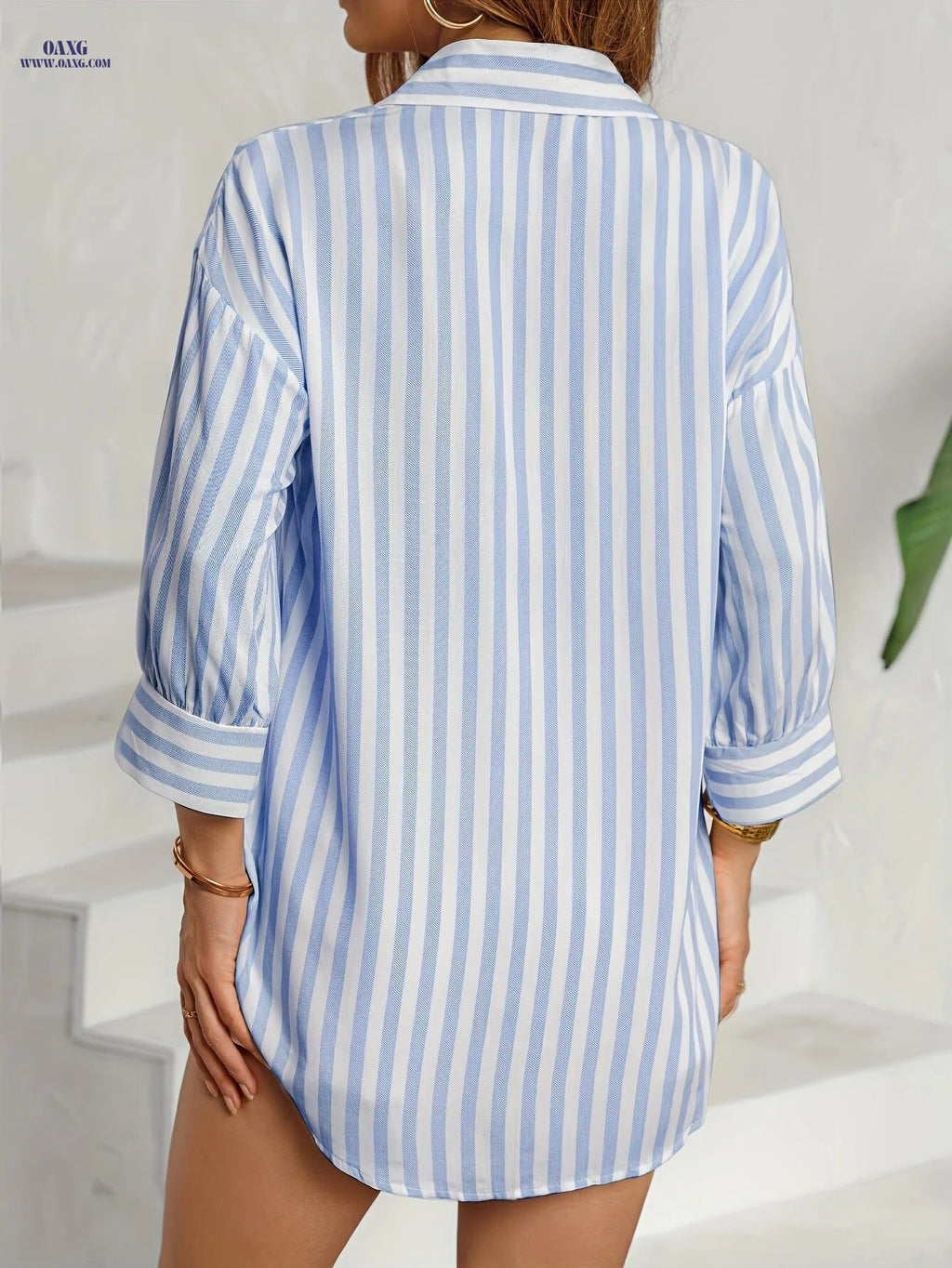 Casual Women's Striped Shirt - Semi-Sheer, Button Placket Design   OAXG Mixed colors / S