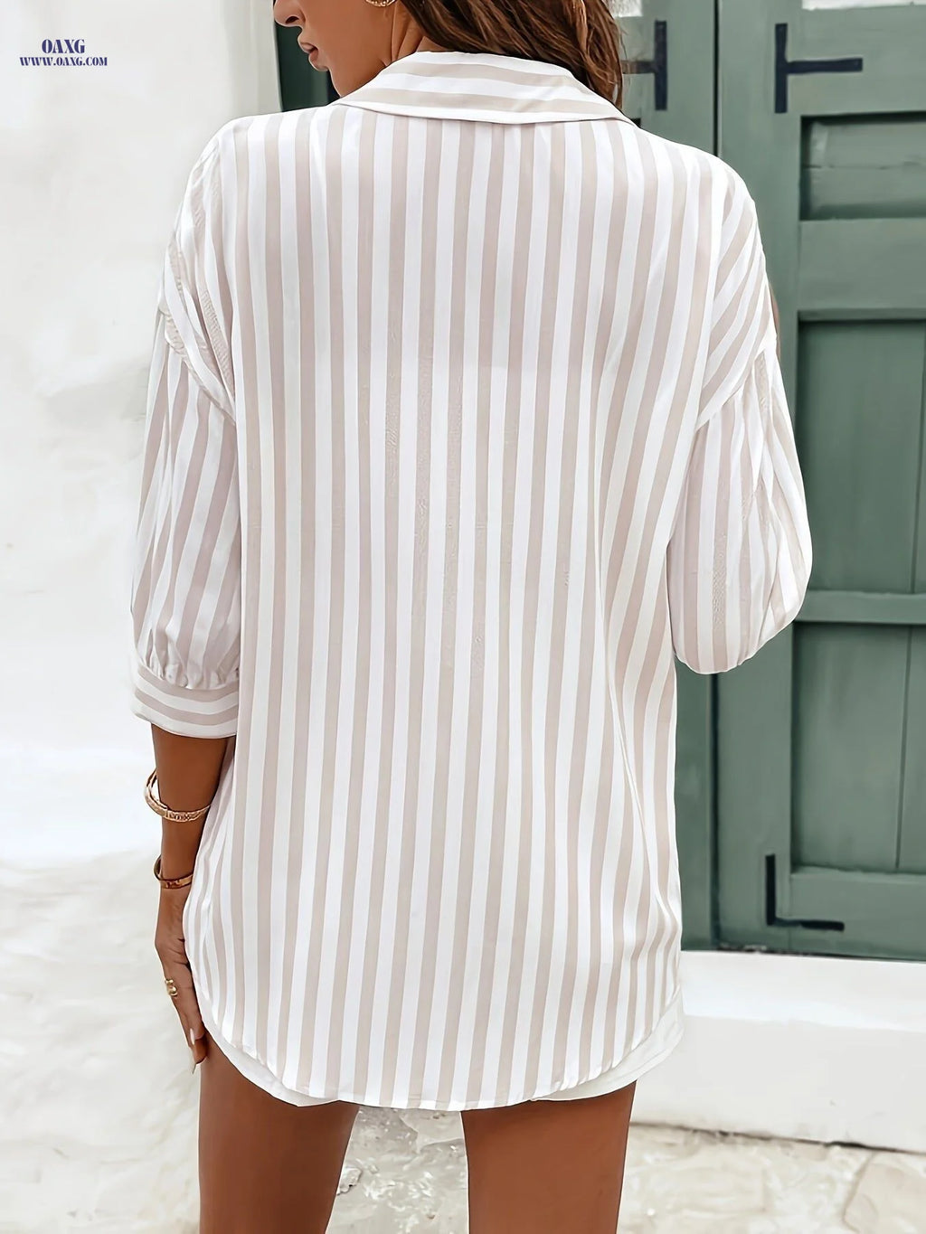 Casual Women's Striped Shirt - Semi-Sheer, Button Placket Design   OAXG Mixed colors / S