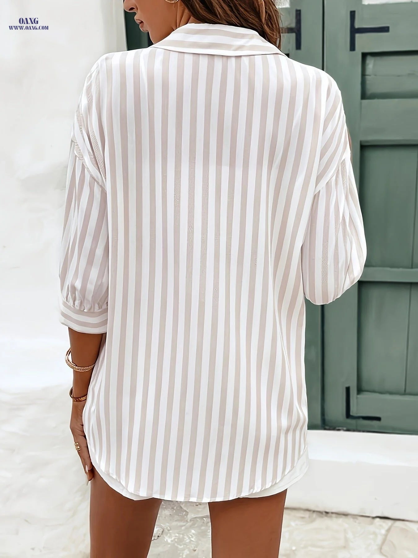 Casual Women's Striped Shirt - Semi-Sheer, Button Placket Design   OAXG Mixed colors / S