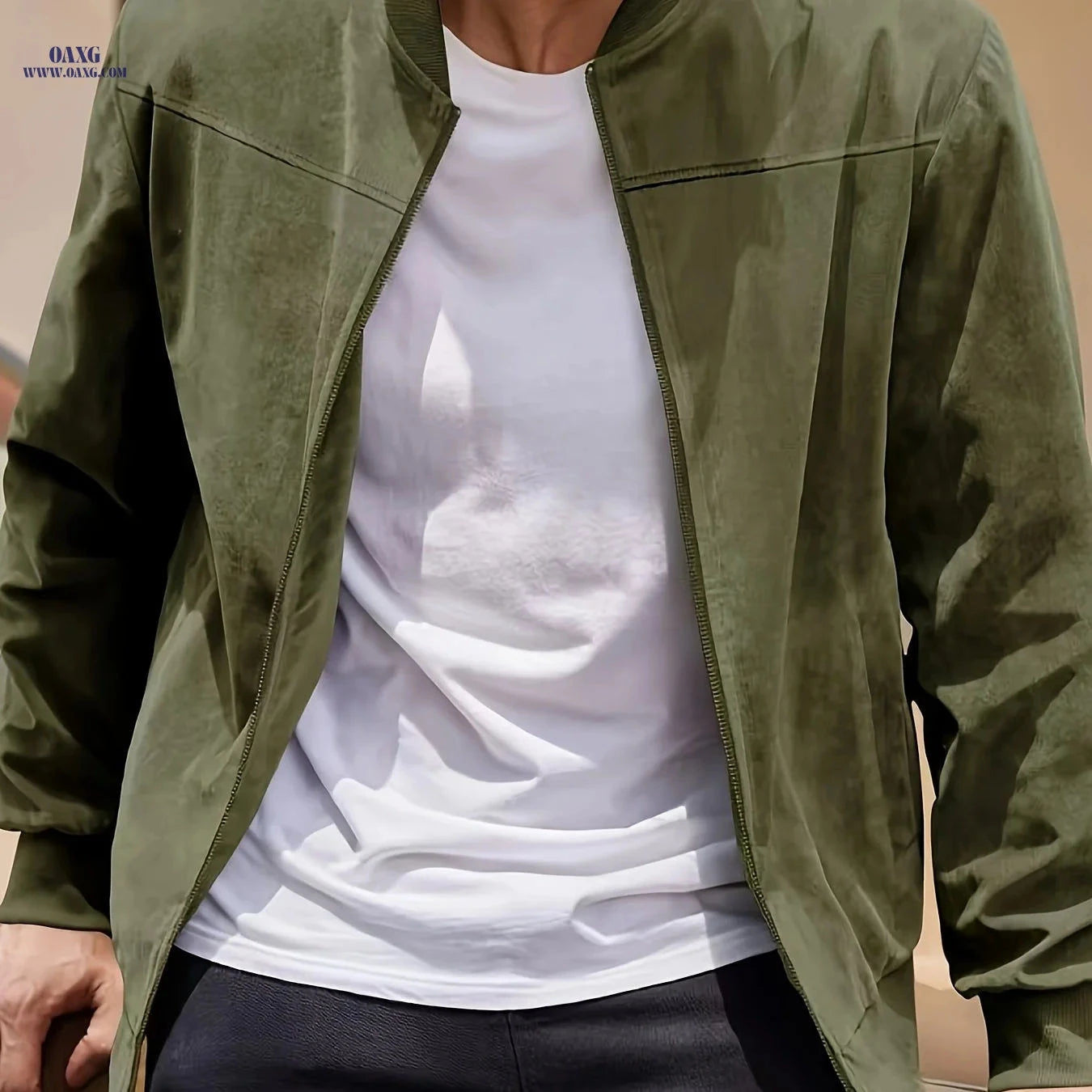 Casual Zip-Up Solid Color Men's Jacket - Long Sleeve Cardigan   OAXG Khaki / FR S