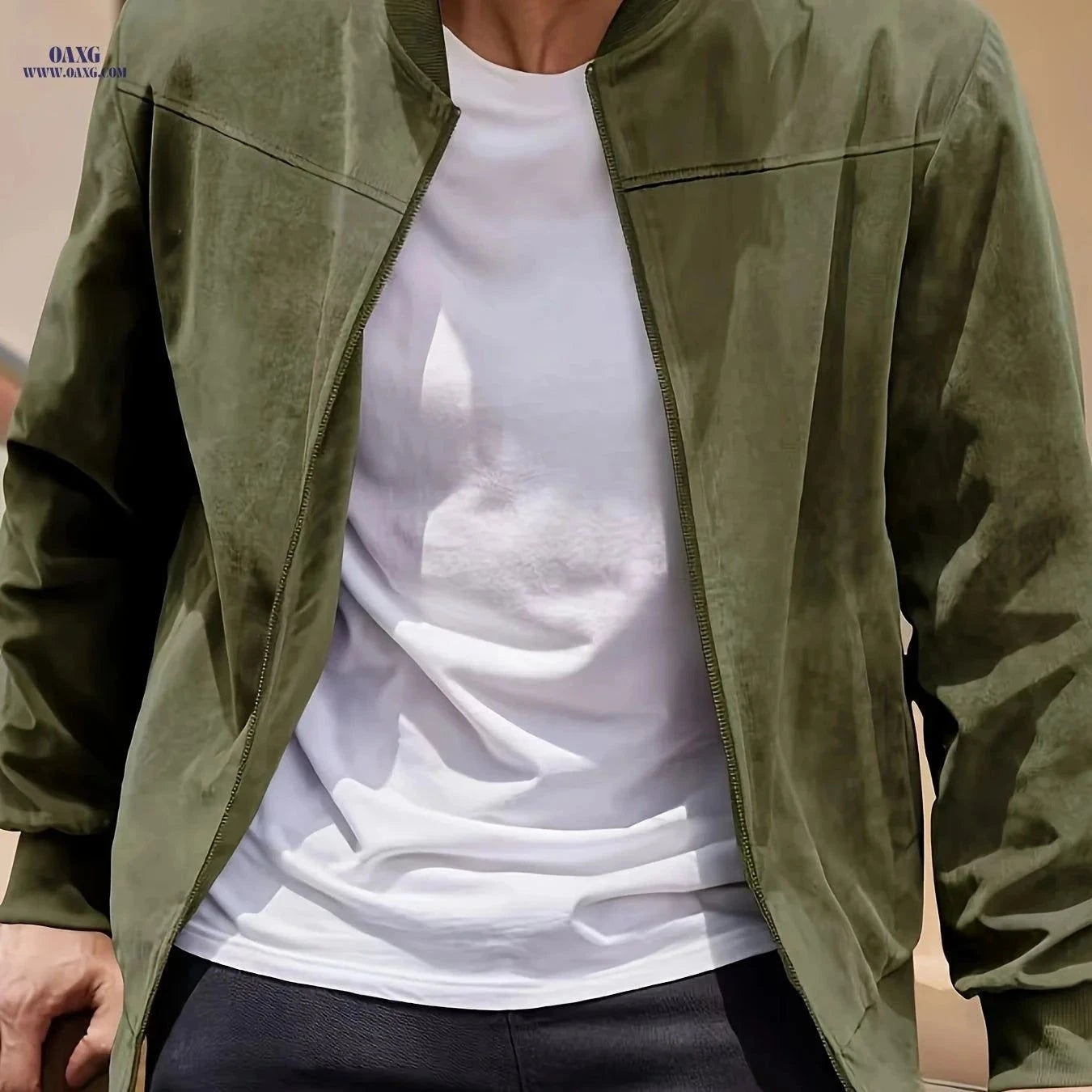 Casual Zip-Up Solid Color Men's Jacket - Long Sleeve Cardigan   OAXG Khaki / FR S
