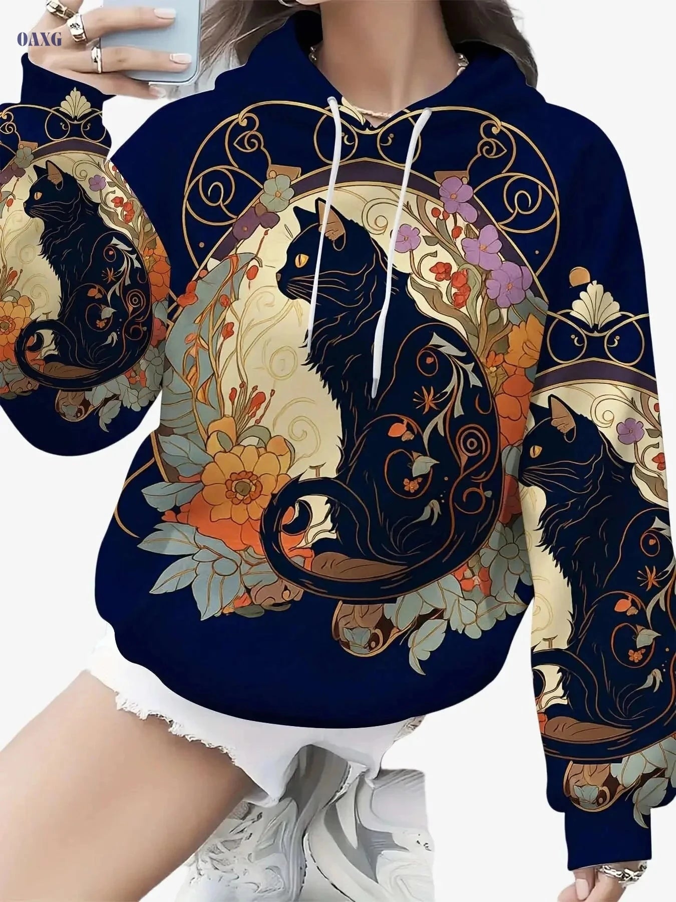 Cat Art Print Hoodie for Women - Floral Design Pullover Sweatshirt   OAXG 