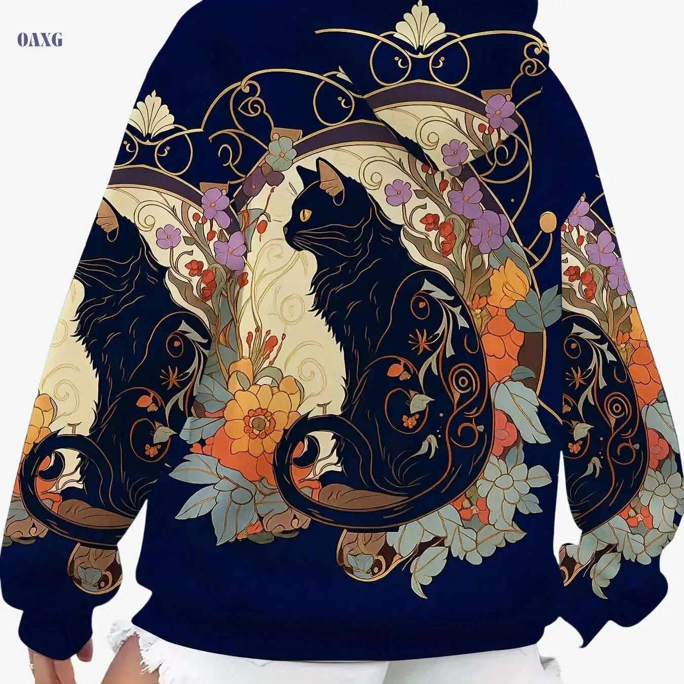 Cat Art Print Hoodie for Women - Floral Design Pullover Sweatshirt   OAXG Black / S