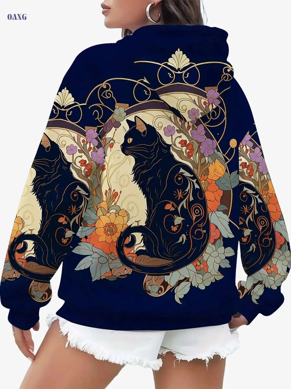 Cat Art Print Hoodie for Women - Floral Design Pullover Sweatshirt   OAXG 