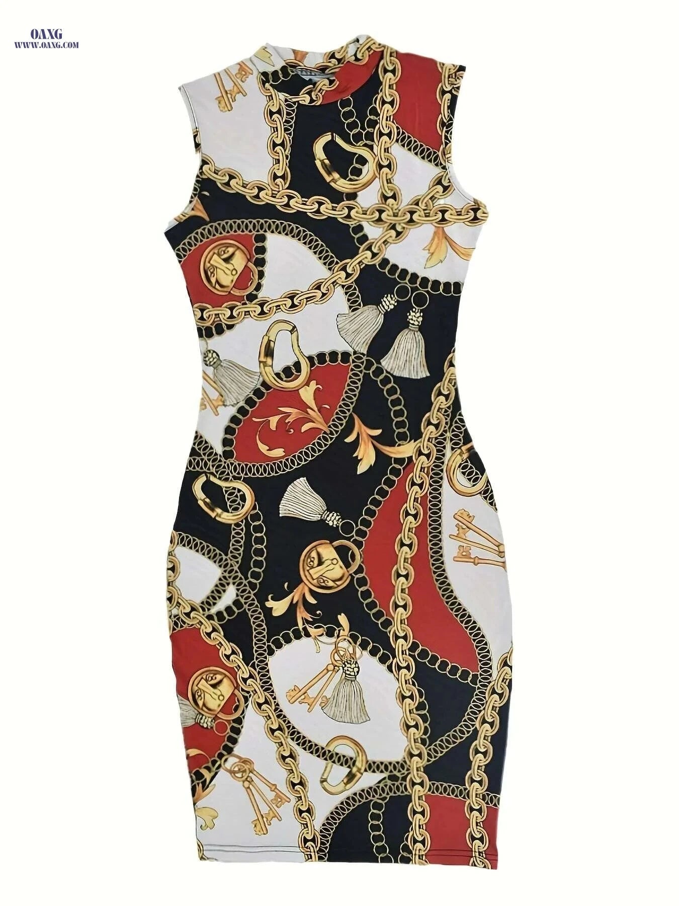 Chain Print Tank Dress - Casual Midi Slim Fit Sleeveless Style   OAXG 