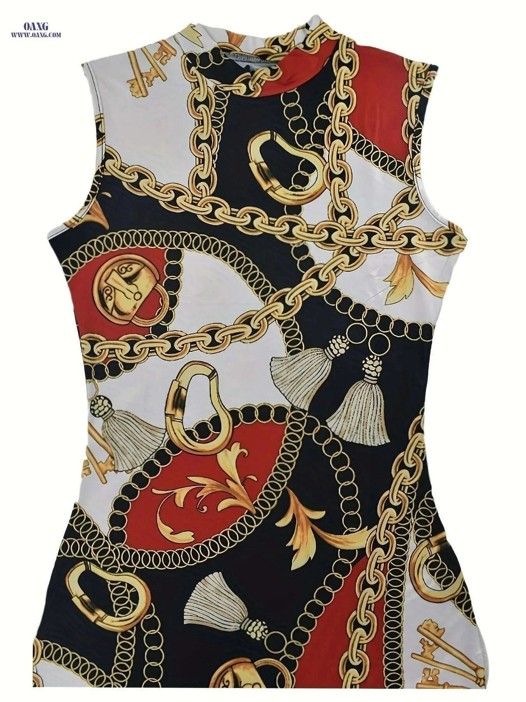 Chain Print Tank Dress - Casual Midi Slim Fit Sleeveless Style   OAXG 【Red】 / XS