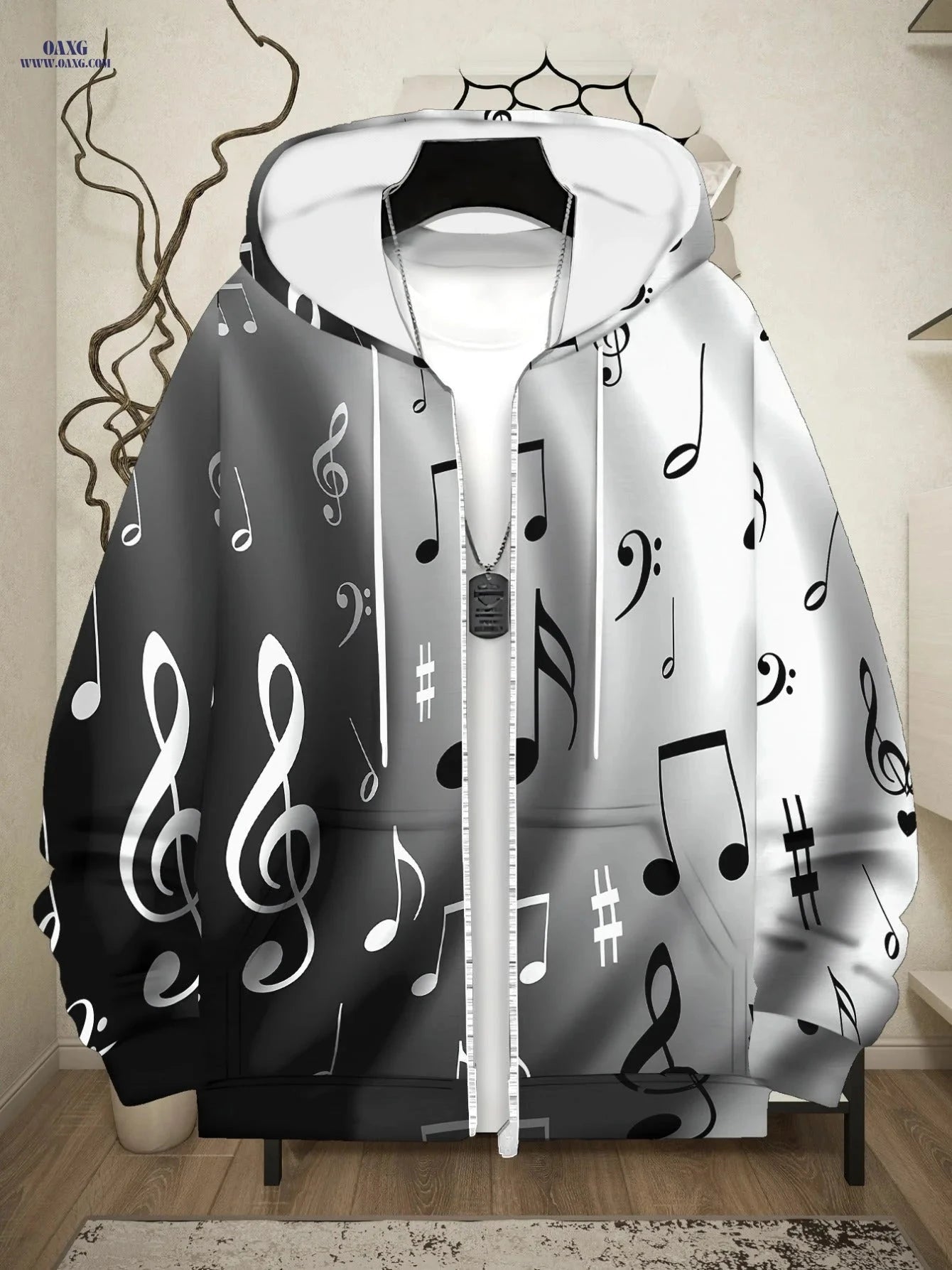 Champion Quality Men's Zip-Up Hoodie - Music Note Print Design   OAXG 