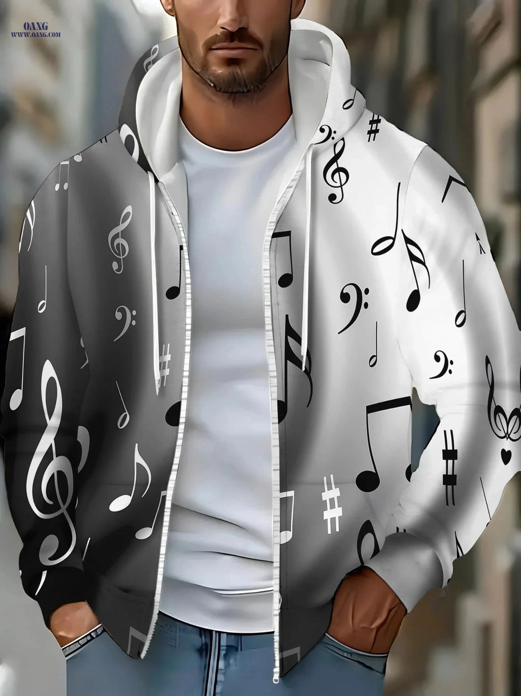 Champion Quality Men's Zip-Up Hoodie - Music Note Print Design   OAXG 
