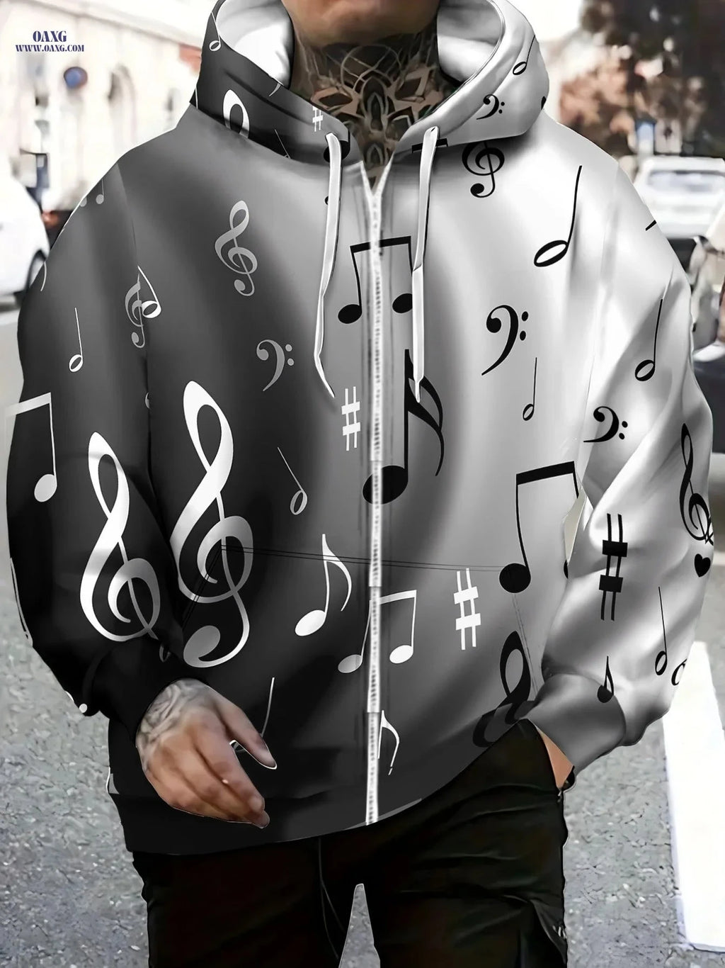 Champion Quality Men's Zip-Up Hoodie - Music Note Print Design   OAXG 