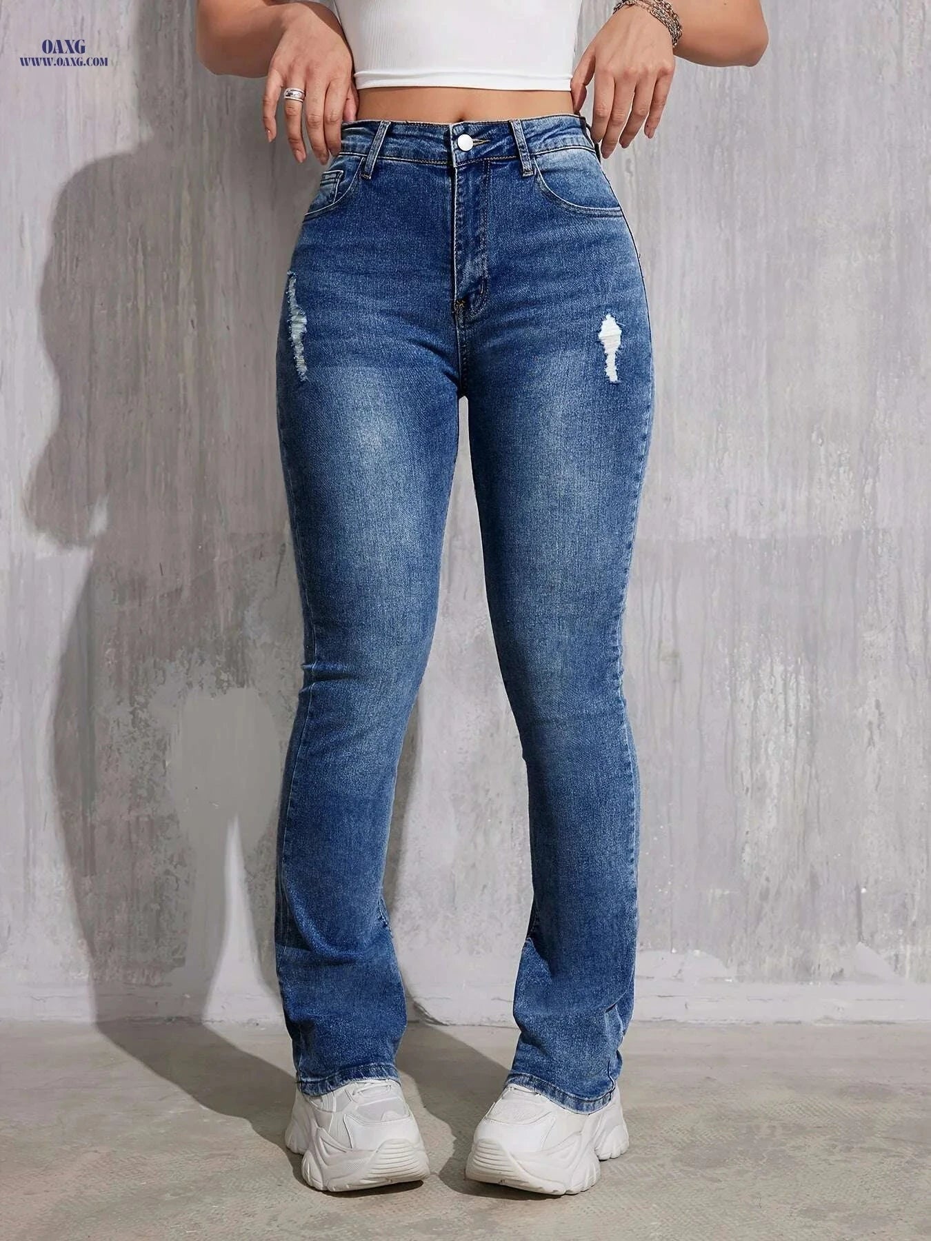 CHENGYUJS Women's High-Stretch Skinny Jeans - Ripped, Mid-Rise Fit   OAXG Sea Blue / XS