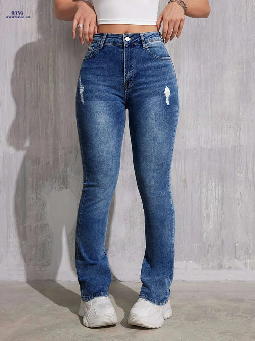 CHENGYUJS Women's High-Stretch Skinny Jeans - Ripped, Mid-Rise Fit   OAXG Sea Blue / XS