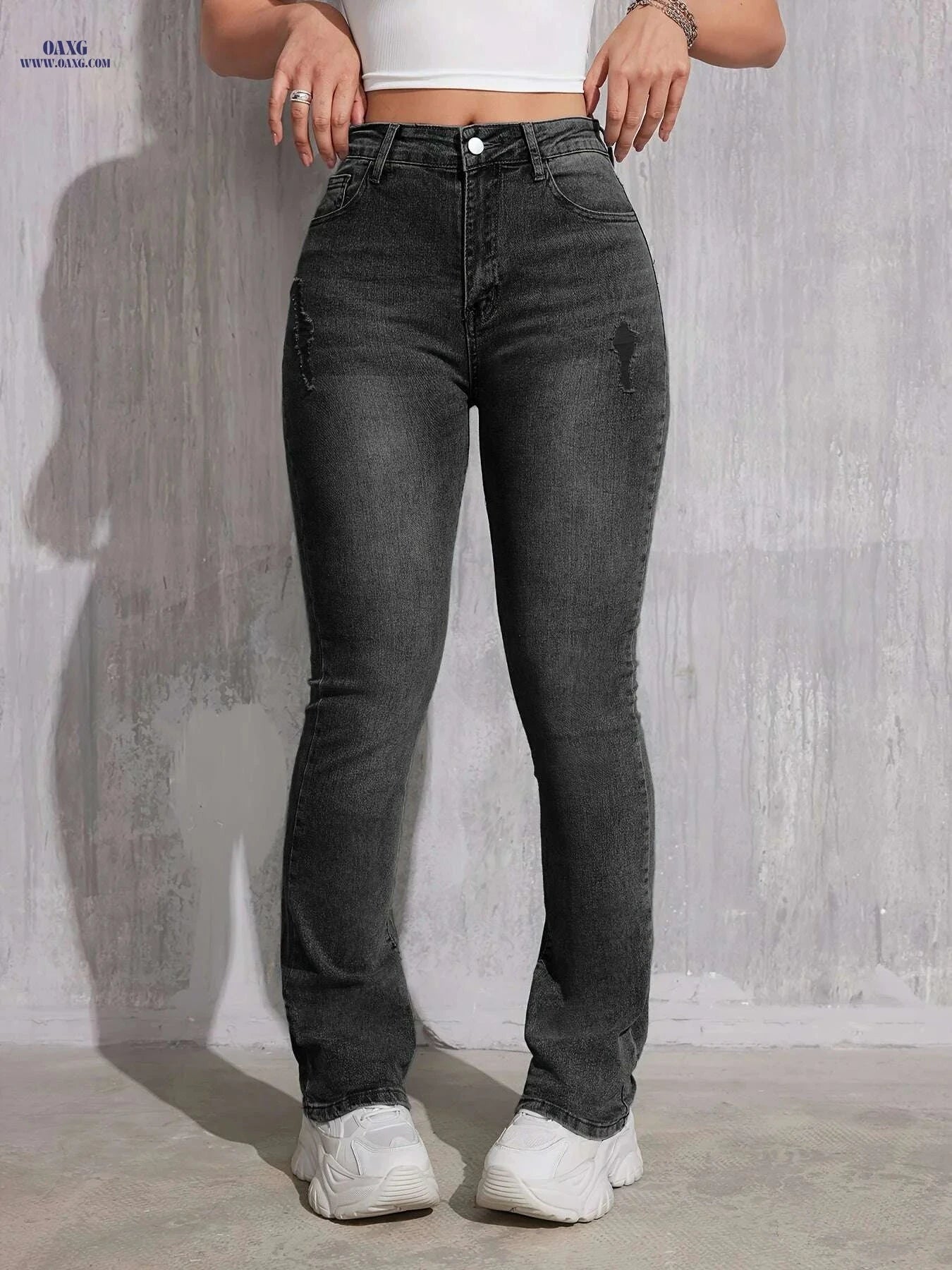 CHENGYUJS Women's High-Stretch Skinny Jeans - Ripped, Mid-Rise Fit   OAXG Sea Blue / XS