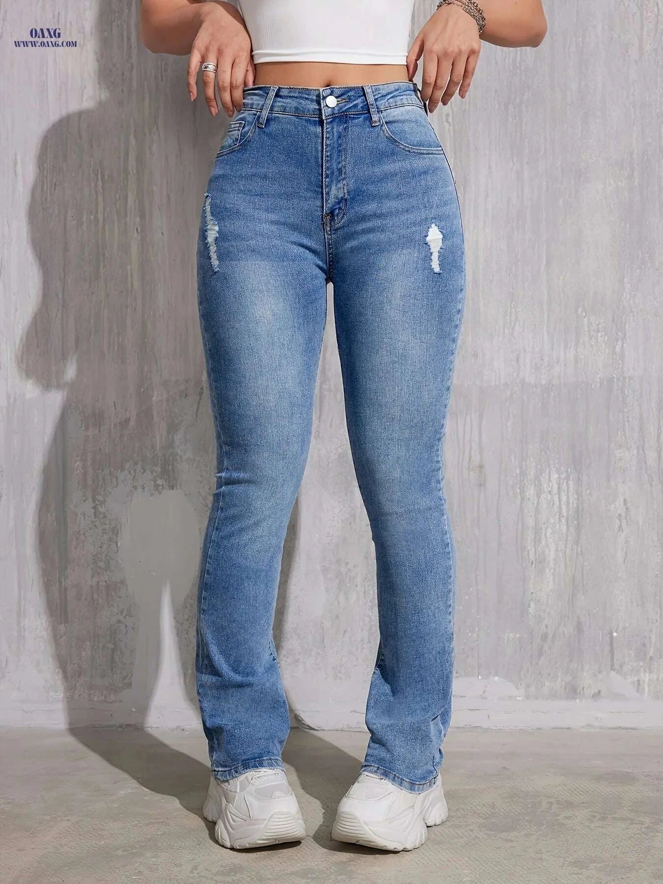 CHENGYUJS Women's High-Stretch Skinny Jeans - Ripped, Mid-Rise Fit   OAXG Sea Blue / XS