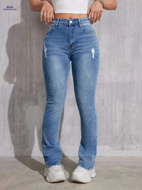 CHENGYUJS Women's High-Stretch Skinny Jeans - Ripped, Mid-Rise Fit   OAXG Sea Blue / XS