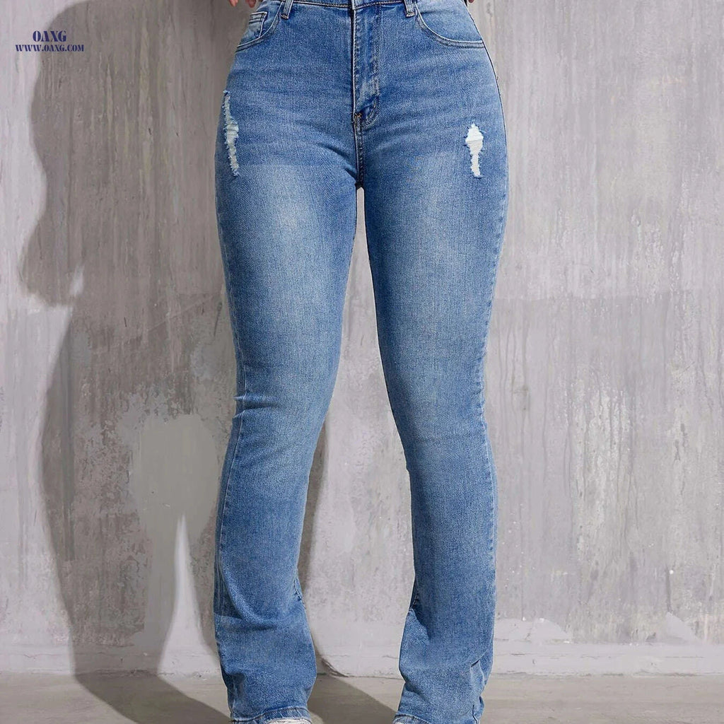 CHENGYUJS Women's High-Stretch Skinny Jeans - Ripped, Mid-Rise Fit   OAXG Sea Blue / XS