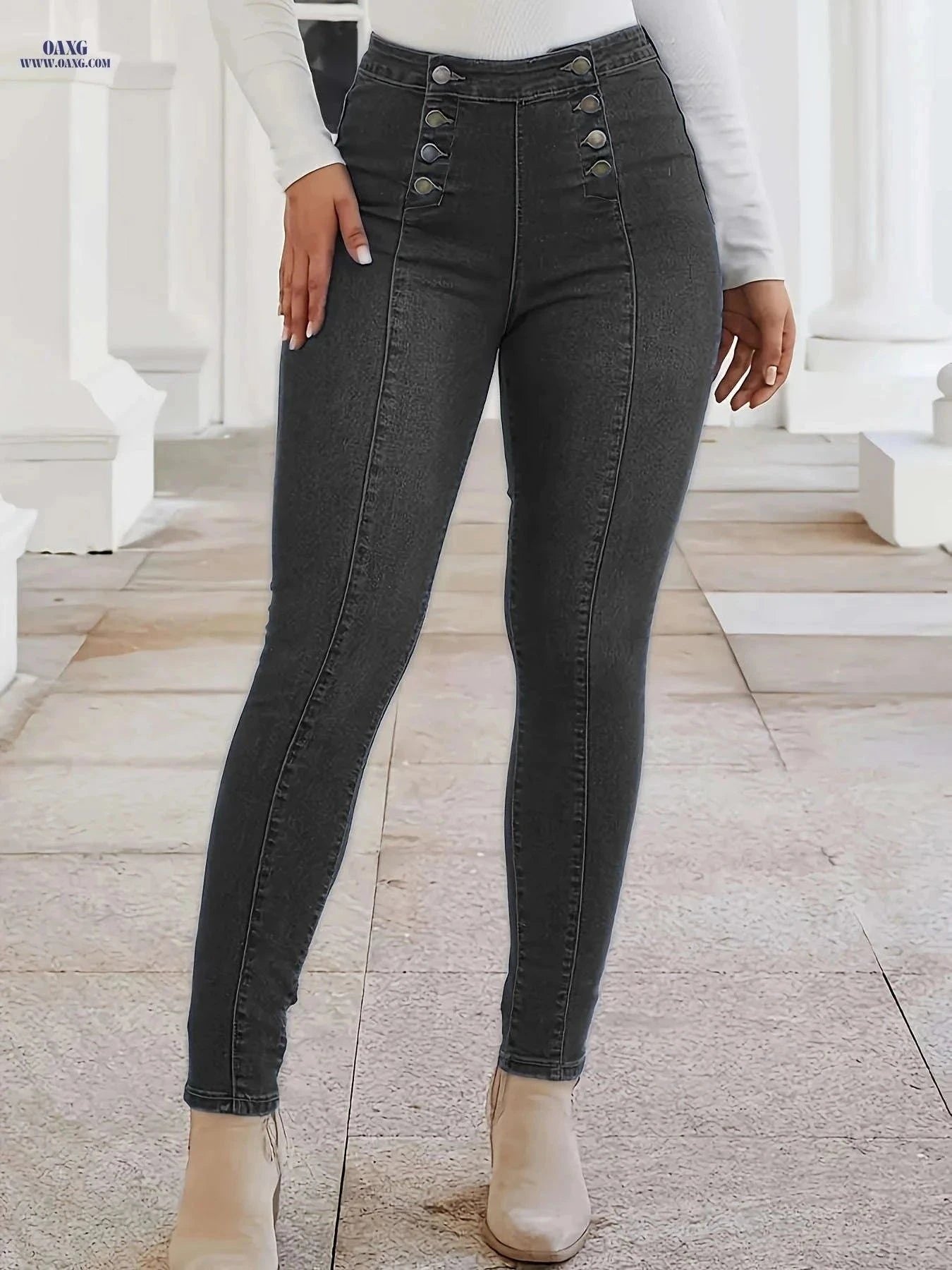CHENGYUJS Women's Slim-fit Jeans - Front Button, Vintage Style   OAXG Deep Grey / XS