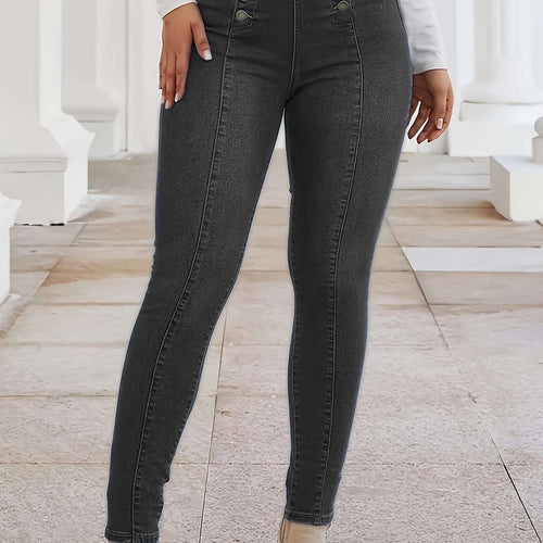 CHENGYUJS Women's Slim-fit Jeans - Front Button, Vintage Style   OAXG Deep Grey / XS